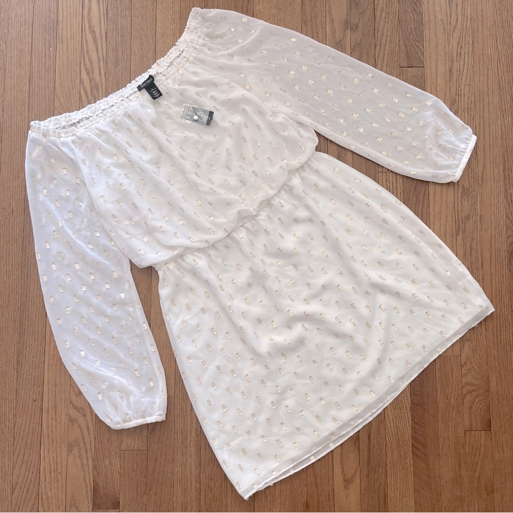 White House Black Market Cupped Jacquard Boho Dress in White With Gold Large
